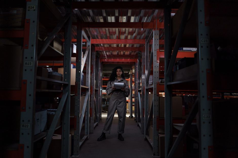 Warehouse worker standing tall among industrial shelves, holding a clipboard in dim lighting.